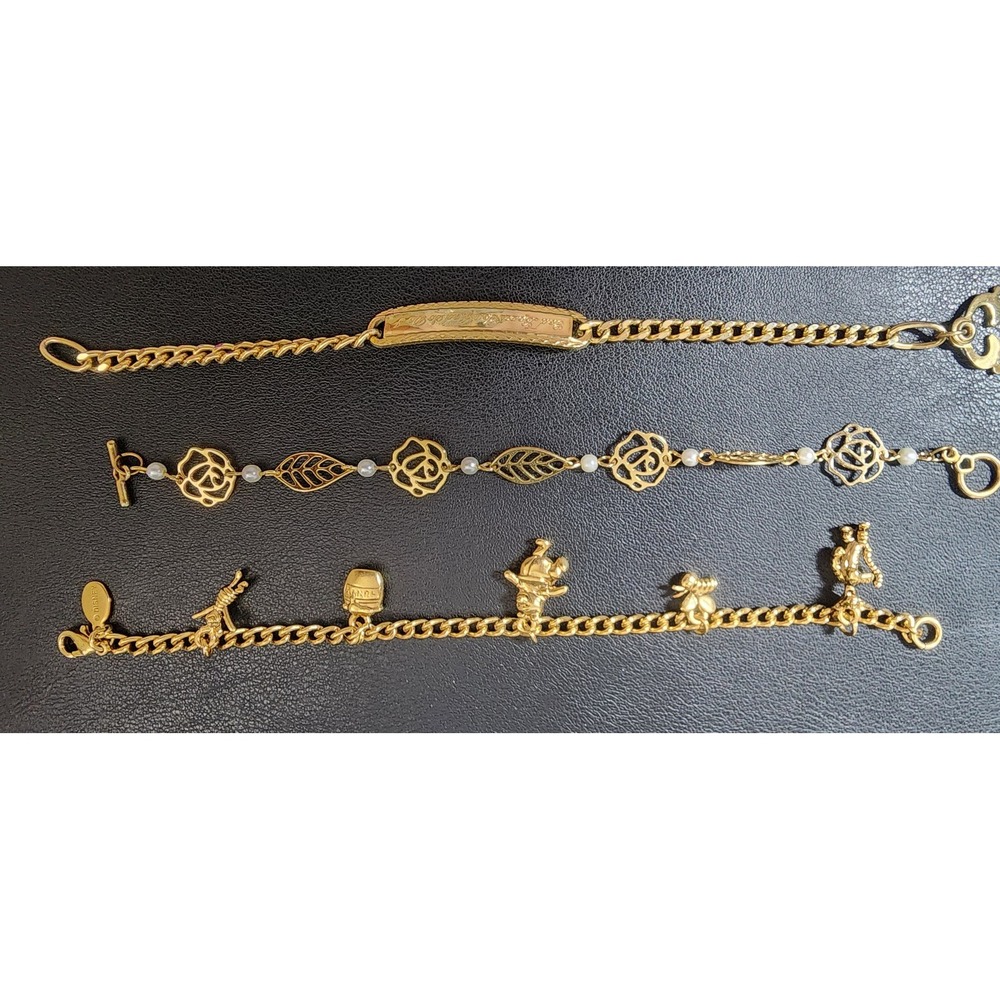 Disney Winnie Pooh Charm Rose Pearl ID Bracelet Bundle Gold Tone 3pc Set - Picture 10 of 14
